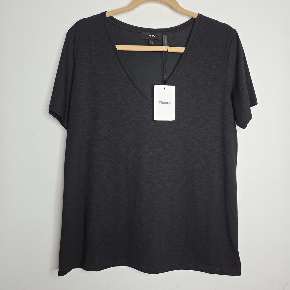 Theory Dayne B Atmos Light V-Neck Tee Shirt Womens L Black NWT $85 Modal Cotton